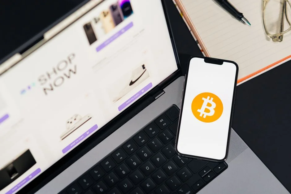 Vector icons with modern phone near computer monitor and credit card with gray lines on purple background